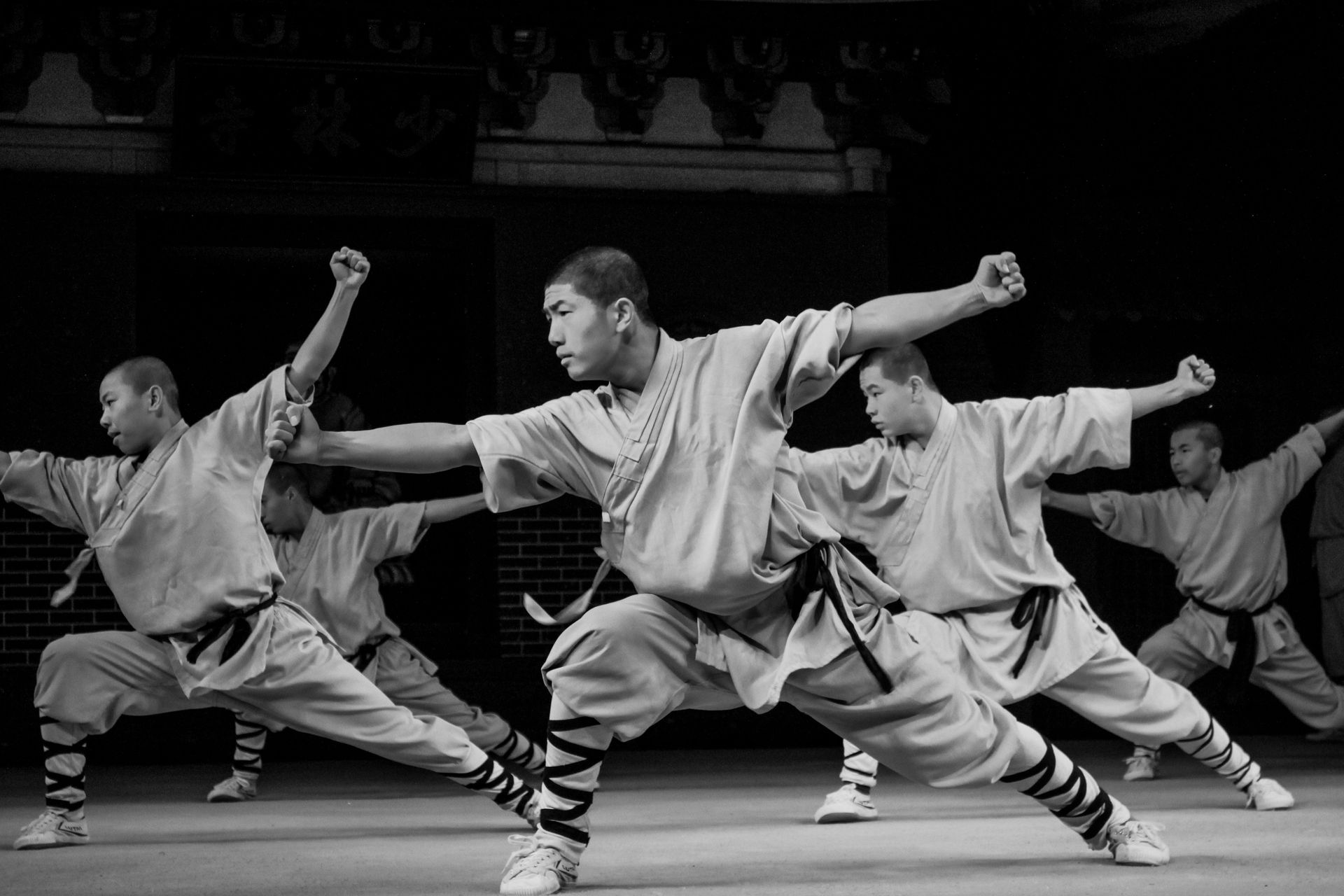 Martial artist in a black and white stage photo demonstrating a stance