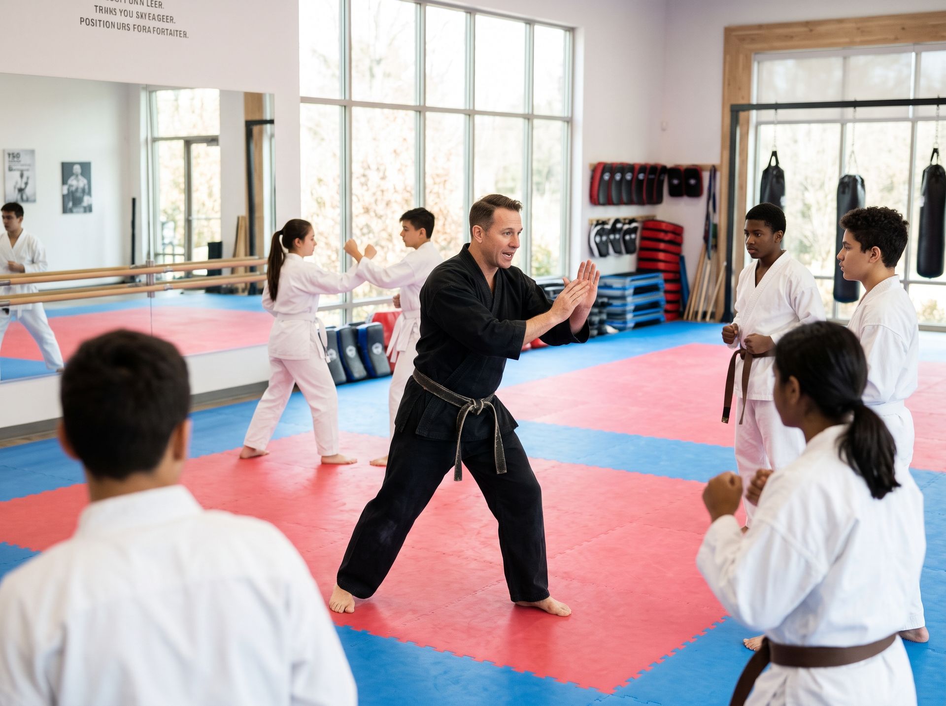 Martial arts instructor and students training together in a new club