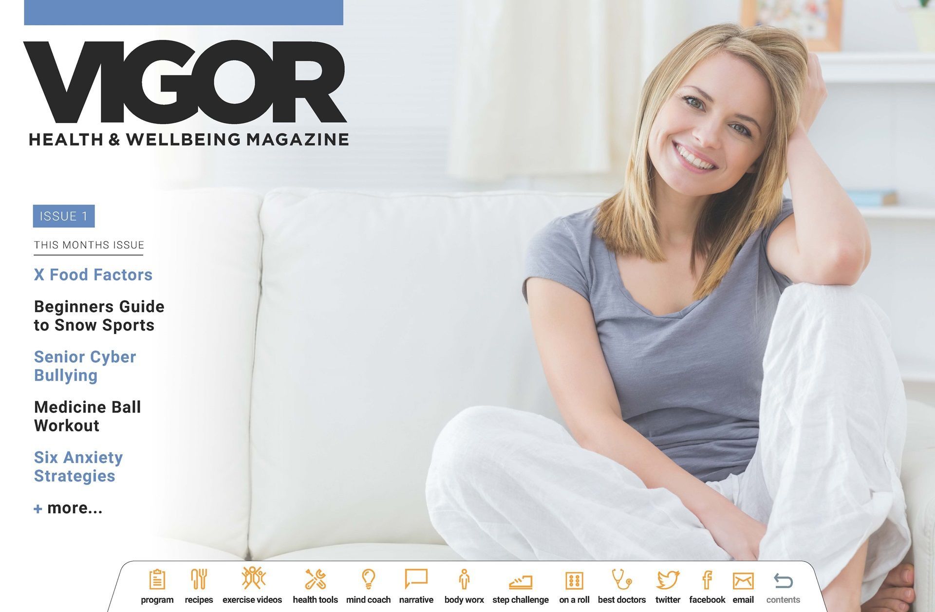 A woman is sitting on a couch on the cover of vigor magazine