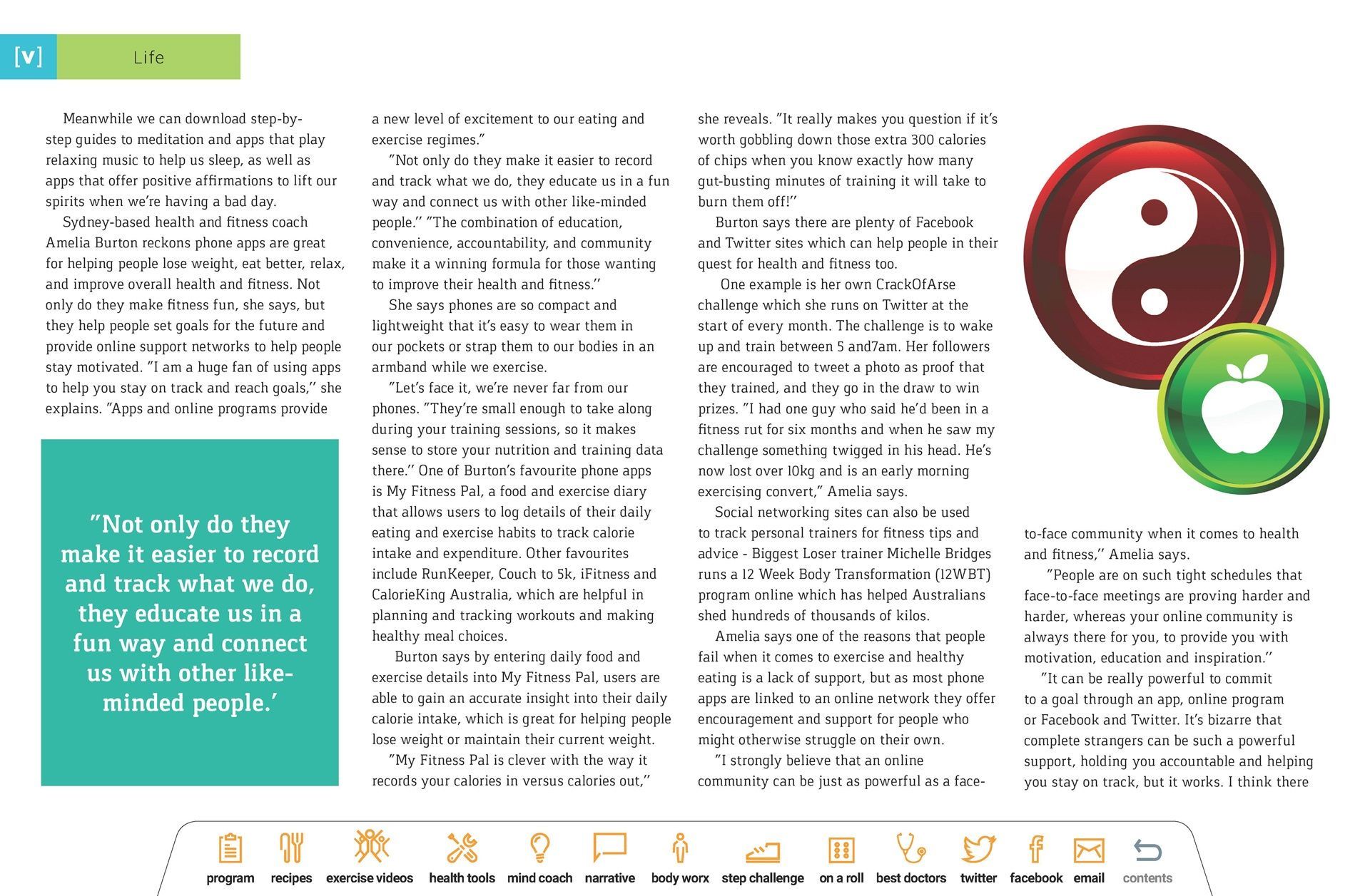A page of a magazine with a yin yang symbol and an apple.