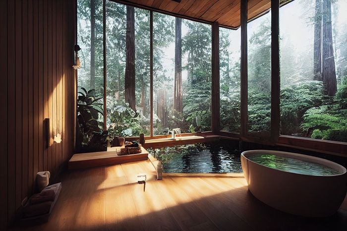 Indoor spa with wooden walls and large windows overlooking a misty forest. Sunlight streams in.