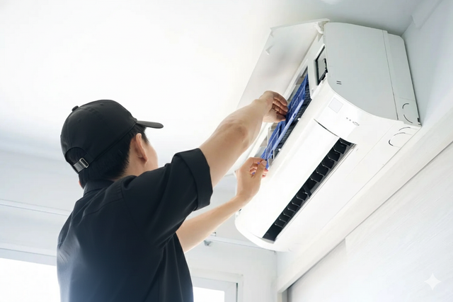 Person in black shirt and cap changing air filter in a wall-mounted air conditioner.