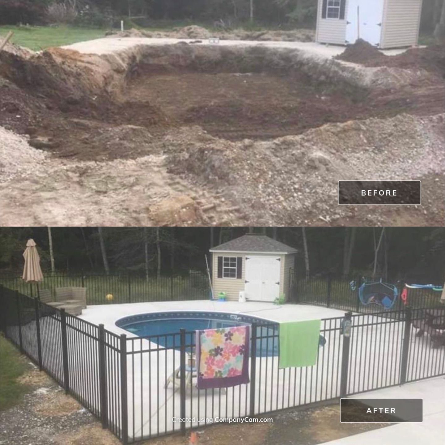 A before and after photo of a swimming pool