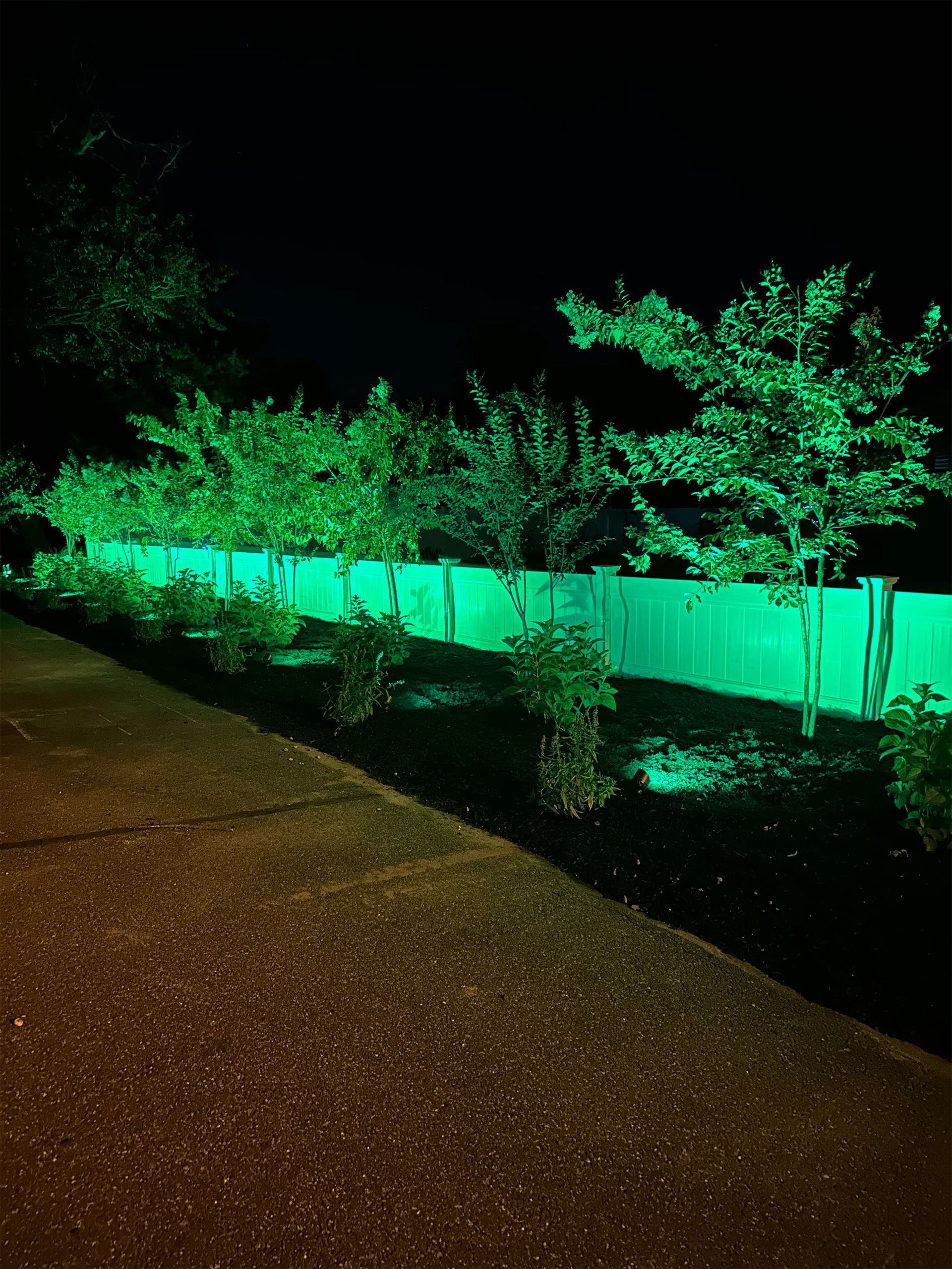 A white fence is lit up with green lights at night.