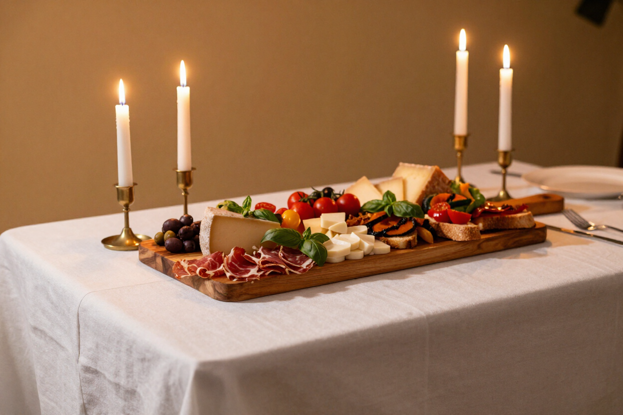 Beautifully set catering table with candlelight and Italian-style platters