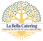 La Bella Catering logo with gold tree, roots, and tagline “inspired by family for your special day”