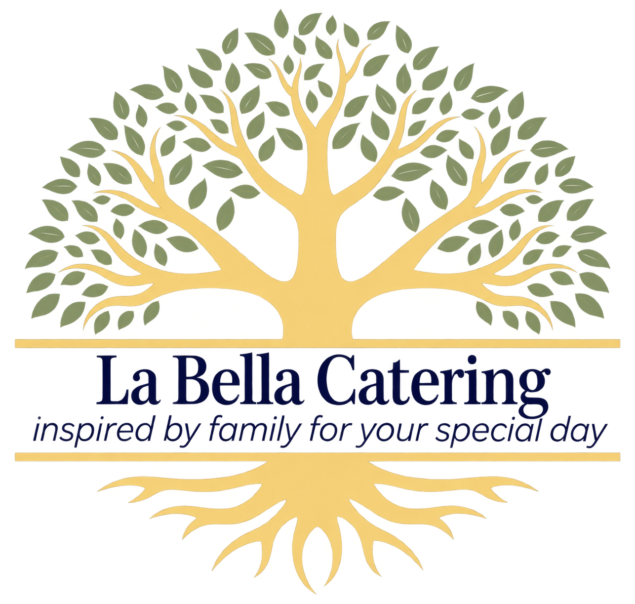 La Bella Catering logo with gold tree, roots, and tagline “inspired by family for your special day”