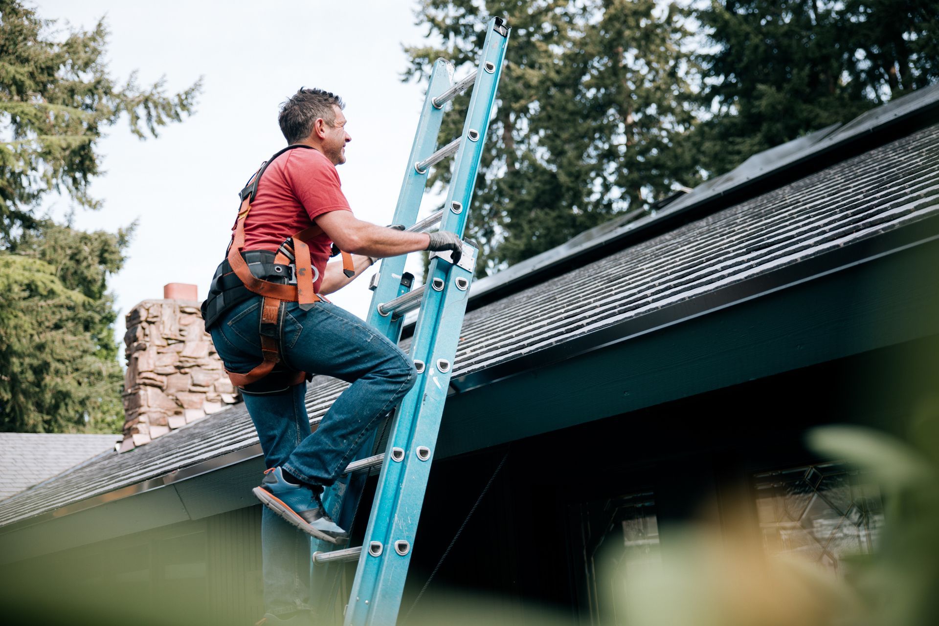 Person climbing a blue ladder to reach the roof of a house.