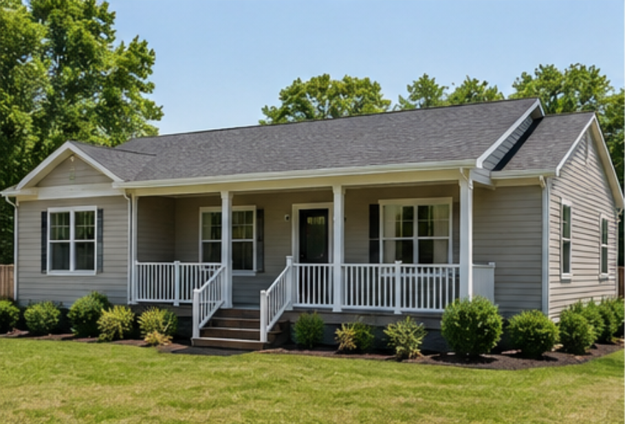 Single-story beige house with white porch railings and a front lawn in a sunny suburban setting