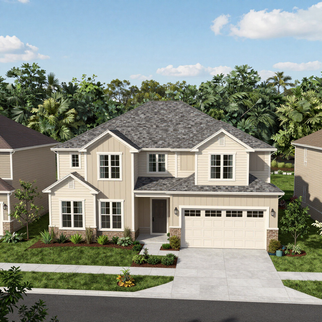 Two-story beige suburban house with a two-car garage and driveway, framed by trees and a front lawn