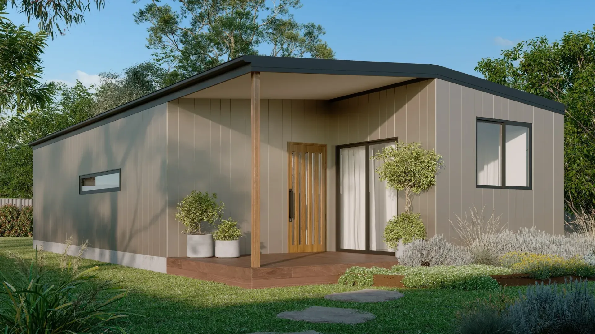 Modern single-story house with a slanted roof, wood entry, and landscaped front yard.