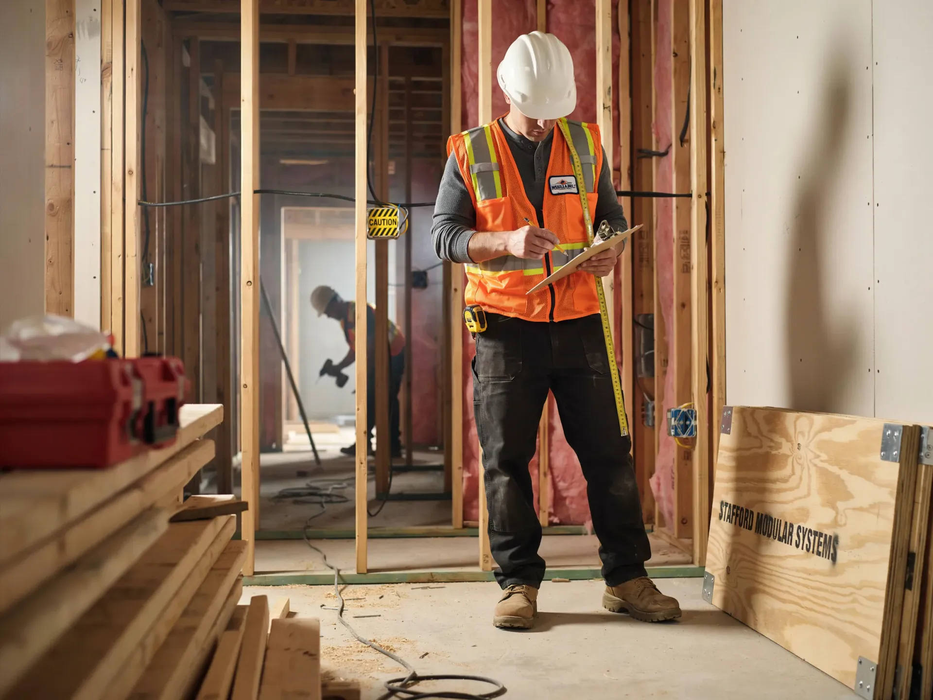 Construction worker in orange vest and hard hat standing in a framed room under renovation