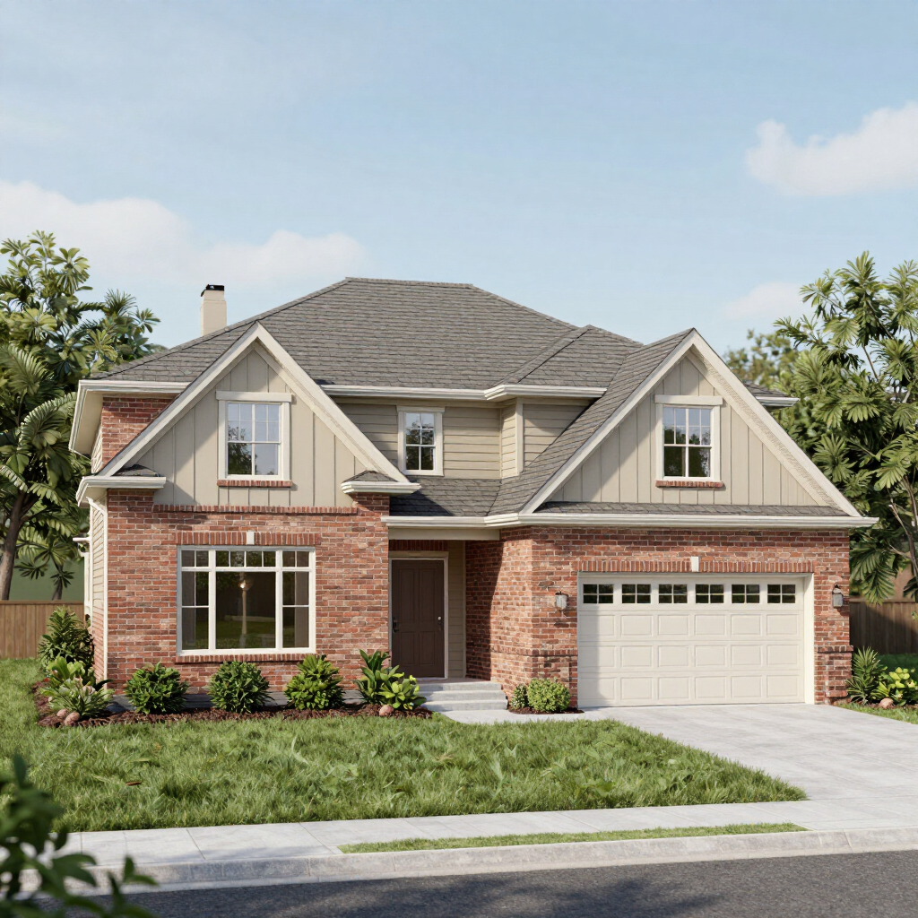 Suburban two-story brick house with gray roof, white trim, and attached garage under a clear sky