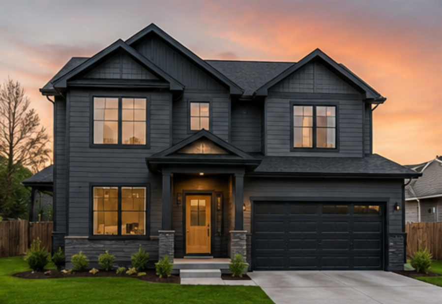 Modern dark gray two-story house at sunset with lit windows and a black garage door