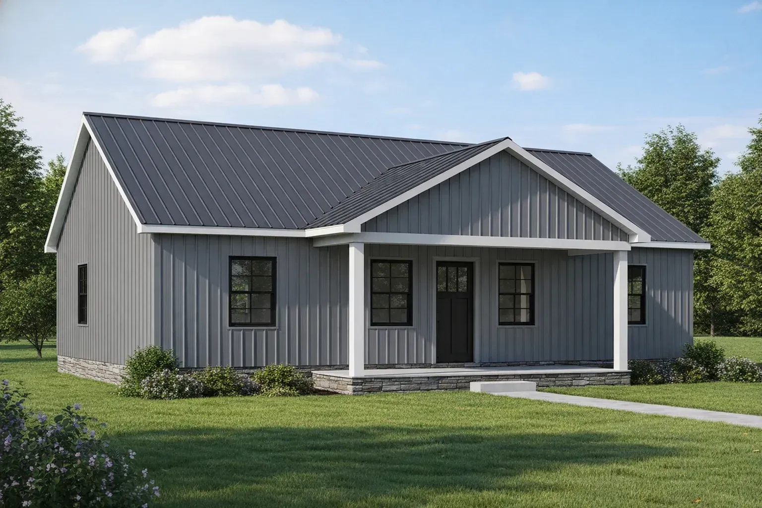 Gray single-story house with dark roof, front porch, and green lawn under a clear sky