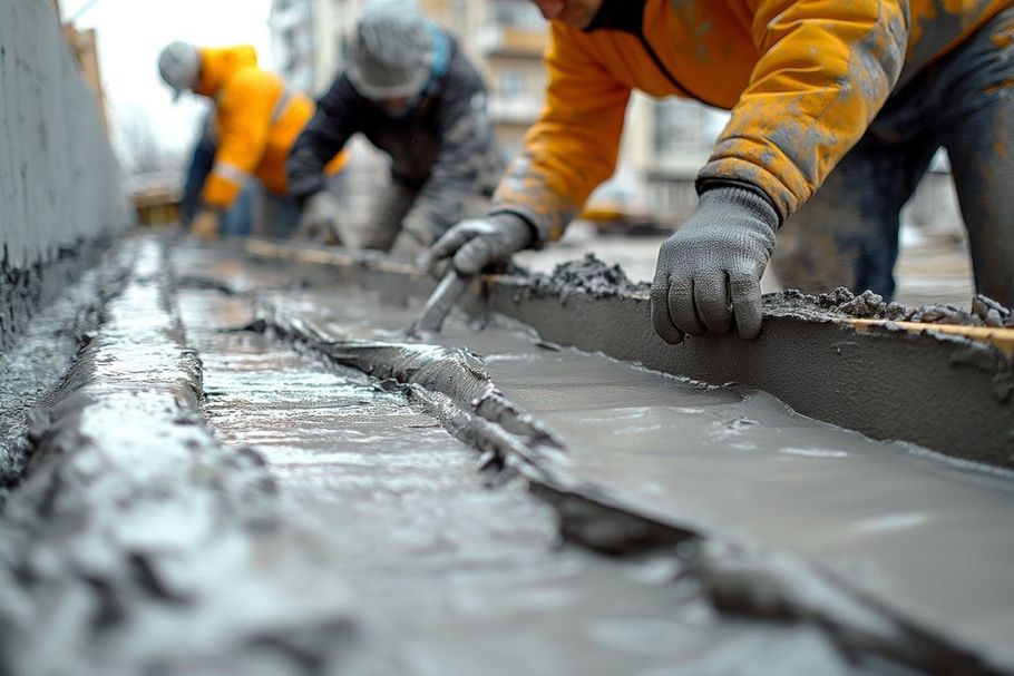 Construction workers smoothing wet concrete on a site, with orange safety gear and trowels.