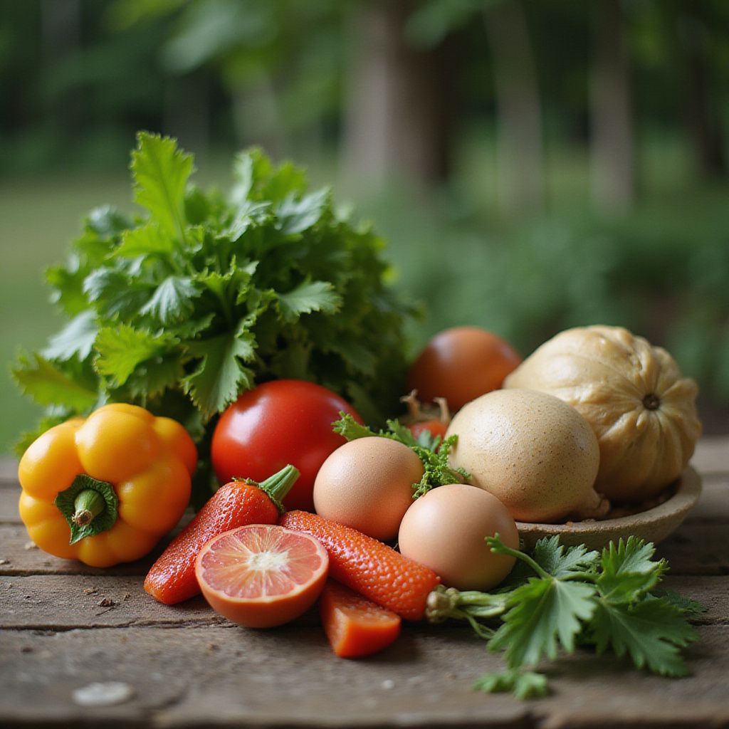 Assortment of fresh produce including a yellow bell pepper, tomato, and eggs on a wooden surface outdoors.