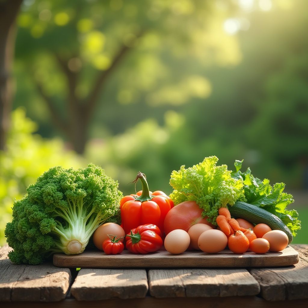 Fresh vegetables and eggs on a wooden table outdoors with a blurred green background.