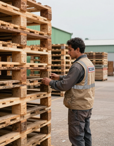 Trabajador de RECIQRO inspeccionando tarimas de madera