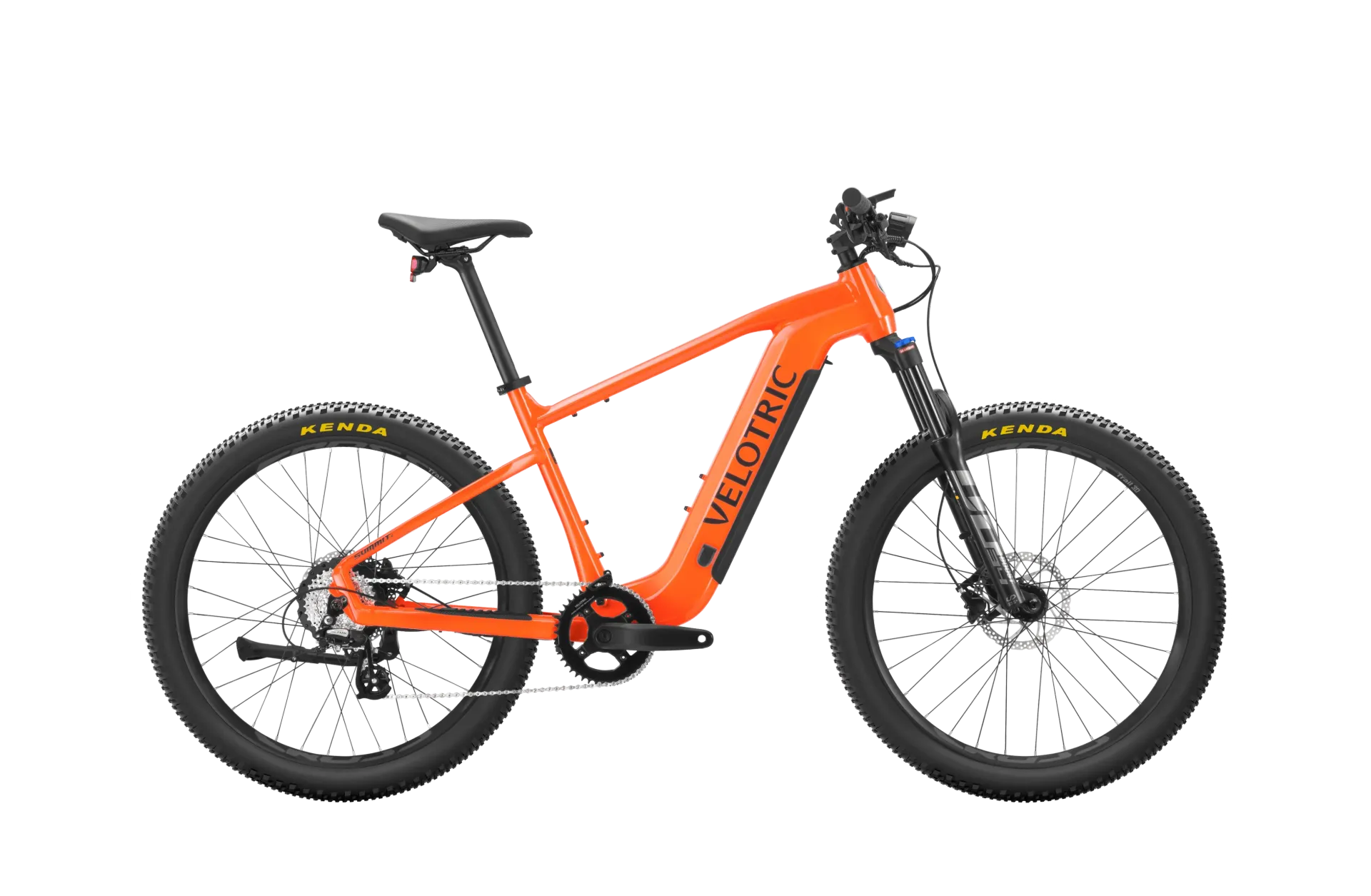 A red electric bike is sitting on a white background.