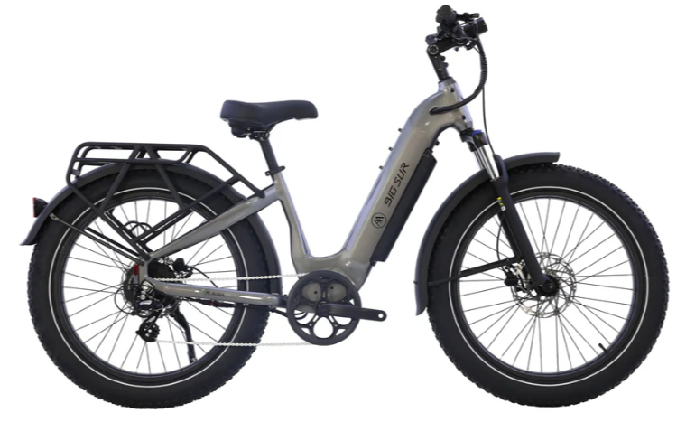 A black electric bike with brown tires on a white background.