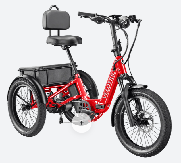 A red electric bike is sitting on a white background.