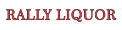 A red logo for rally liquor on a white background