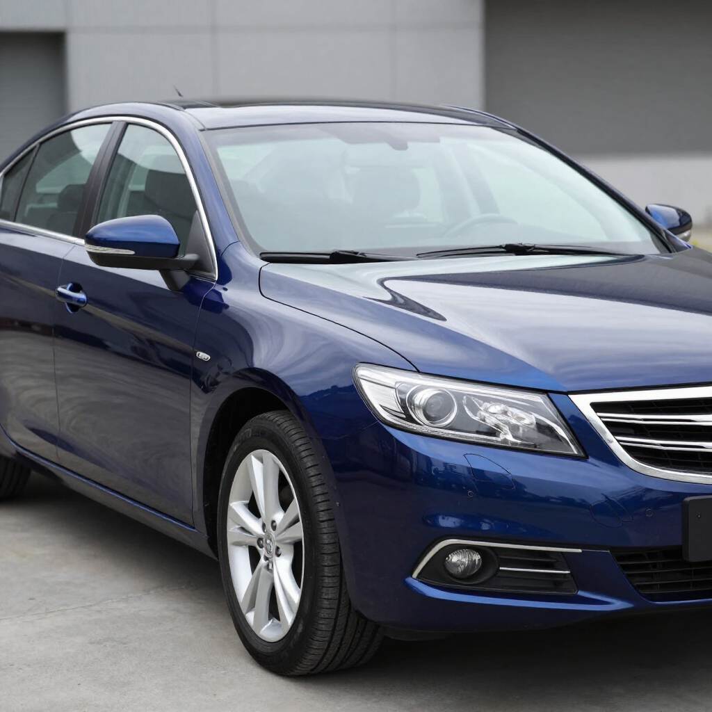 Blue sedan parked outdoors, front-left view against a gray background