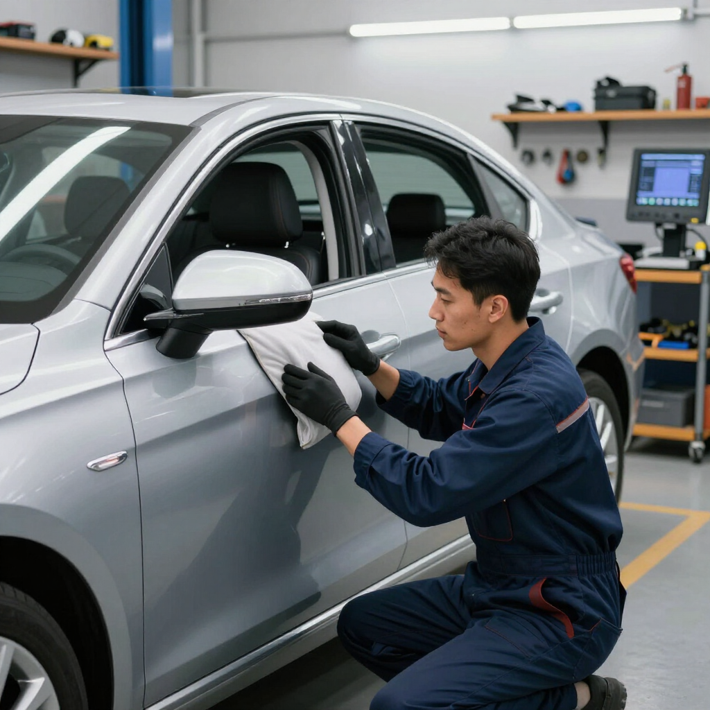 Mechanic polishing a silver car door in an auto repair shop