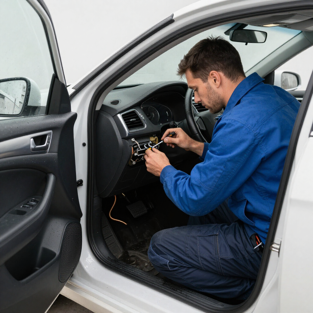 Mechanic in blue coveralls repairing a car’s dashboard wiring with the driver’s door open