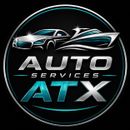 ATX Auto Services logo with sleek car and tire on a black circular background