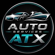 ATX Auto Services logo with sleek car and tire on a black circular background