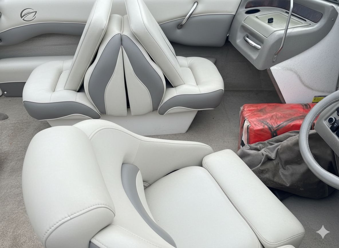 Interior of a boat with white leather seats, a steering wheel, and a red bag on the floor.