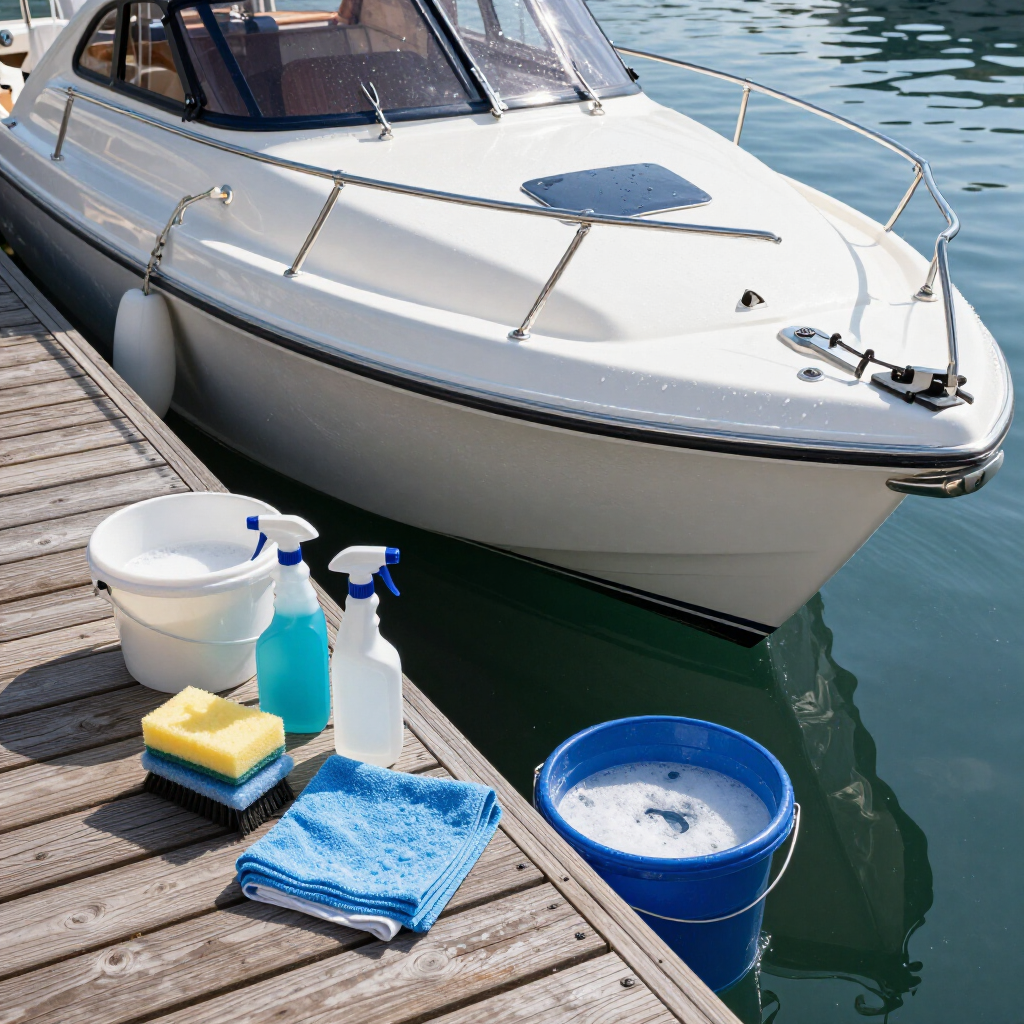 White motorboat moored at a dock beside cleaning supplies, buckets, and towels on the wooden pier.