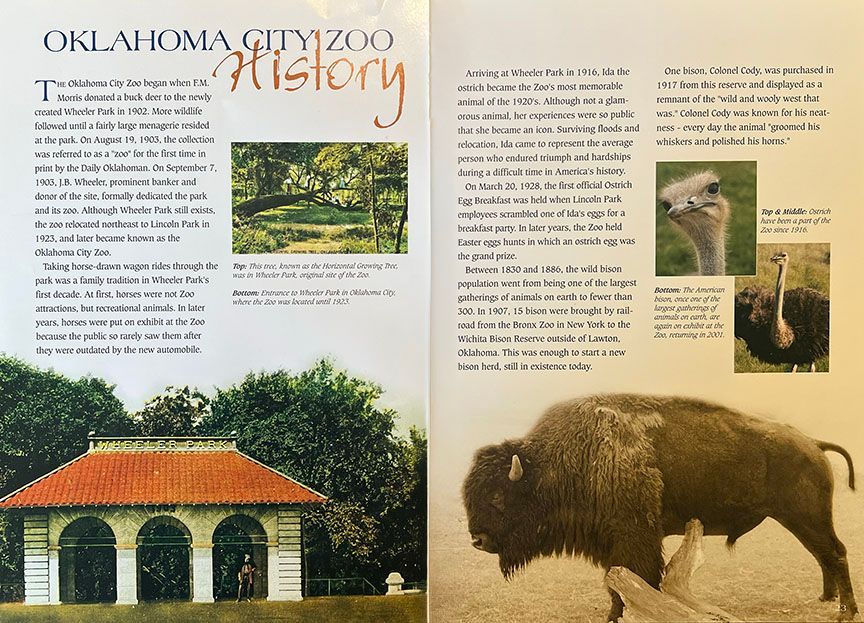 A book is open to a page that says oklahoma city zoo history