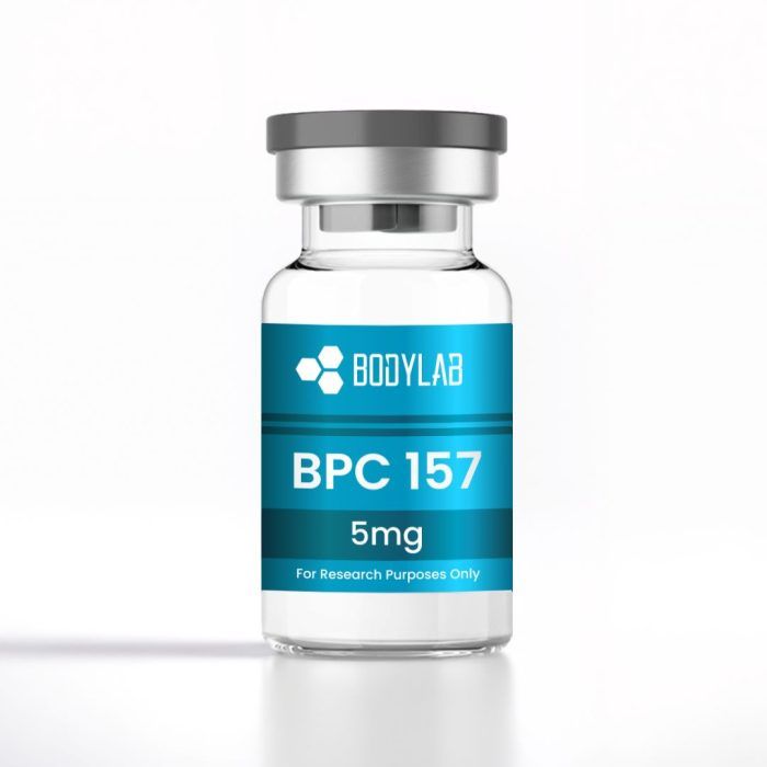 White bottle with teal label reading “BPC 157 5mg” and BodyLab logo, on a plain background