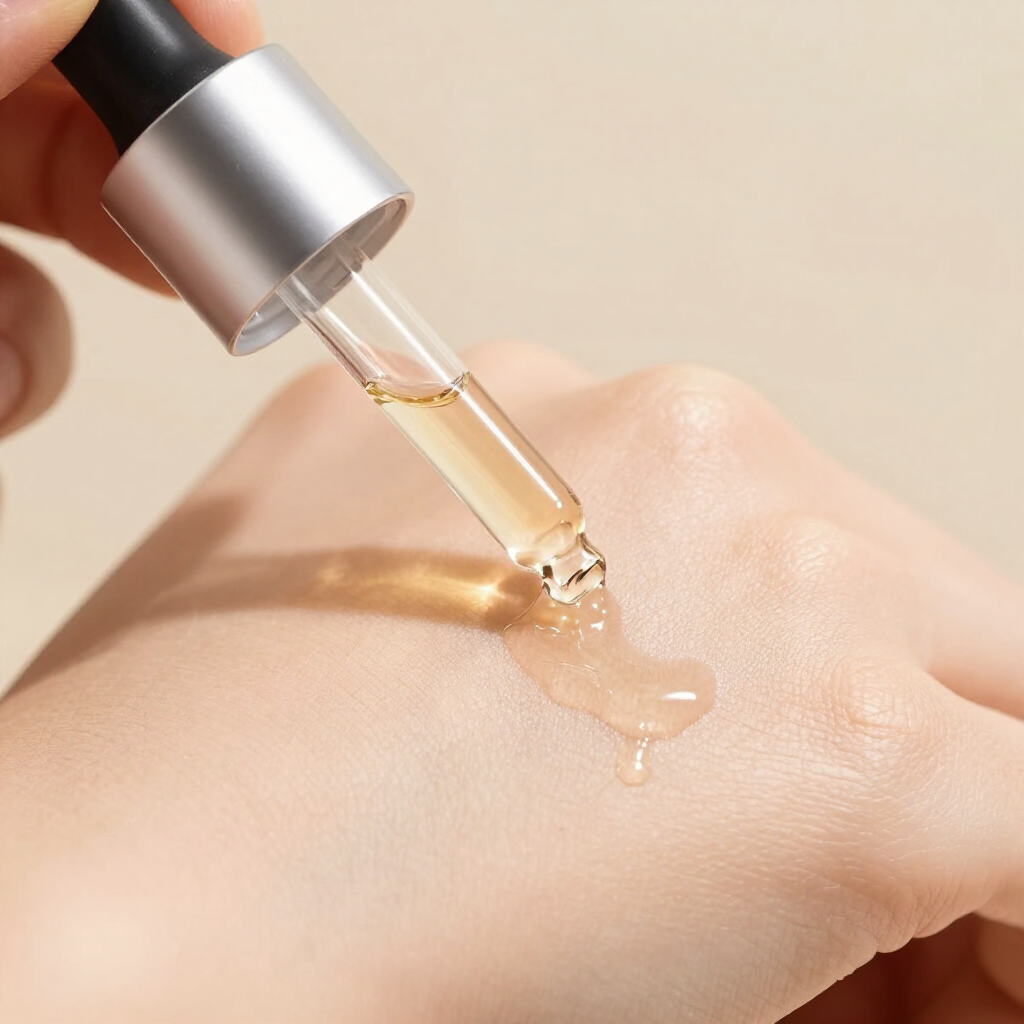 Dropper dispensing serum onto the back of a hand