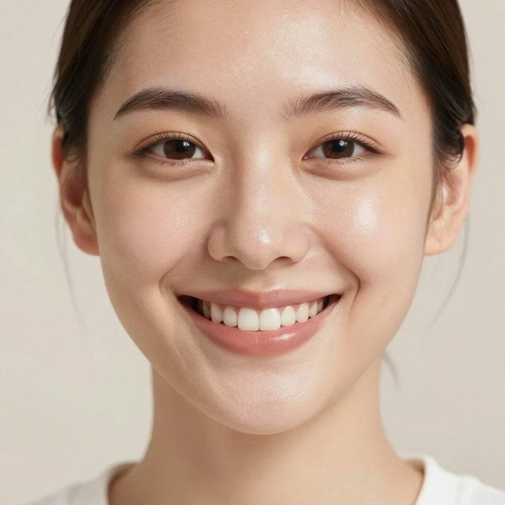 Smiling woman’s face against a soft beige background