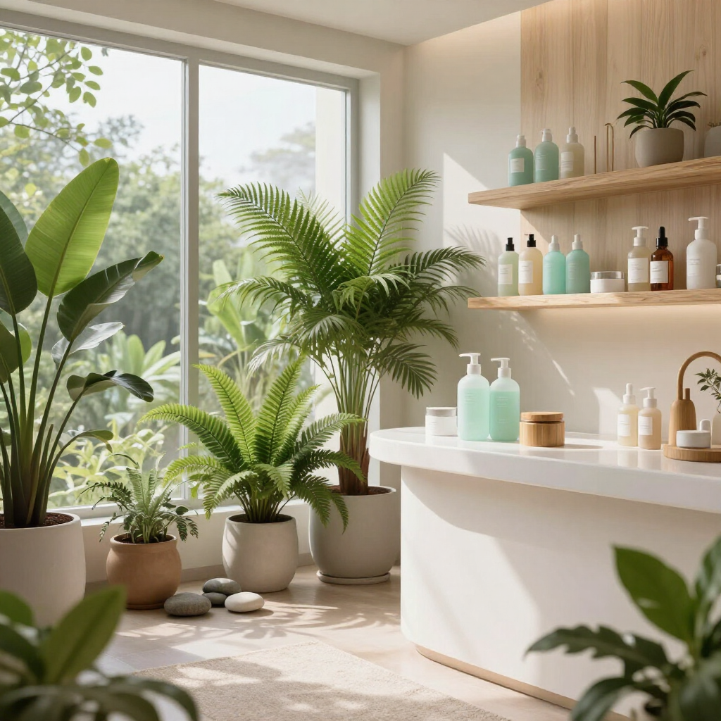 Bright spa room with potted green plants, white shelves, and bottles by a sunlit window.