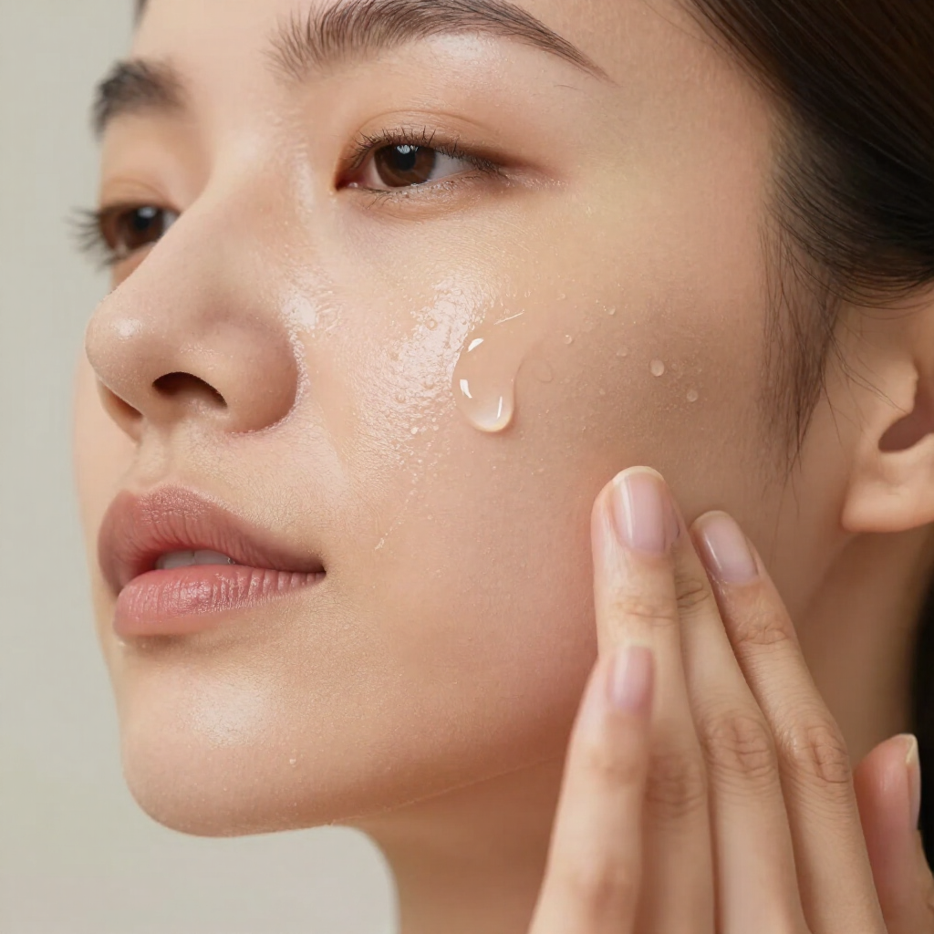 Close-up of a face with a tear-shaped drop on the cheek, fingertips touching skin during skincare application