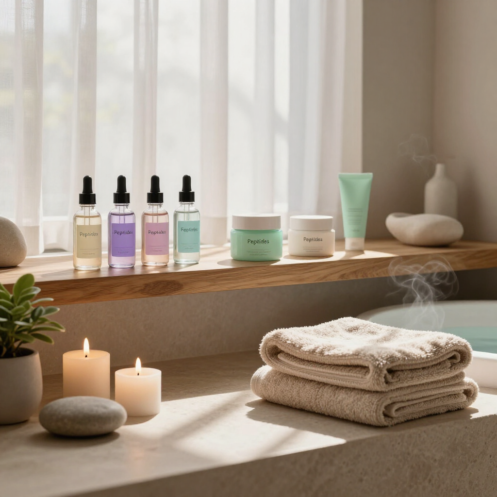 Spa-style vanity with skincare bottles, candles, folded towels, and a steaming bowl by a sunlit window