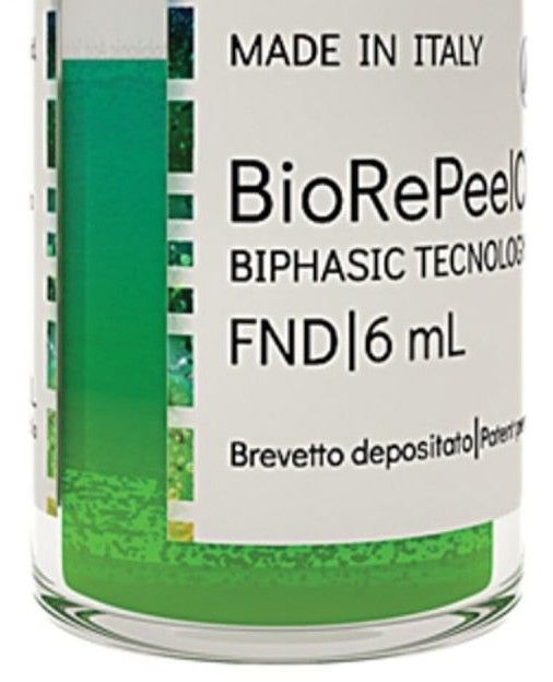 Green vial labeled “BioRePeel” and “FND 6 mL,” made in Italy