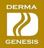 Derma Genesis logo in gold and white with stylized flowing lines on a square background
