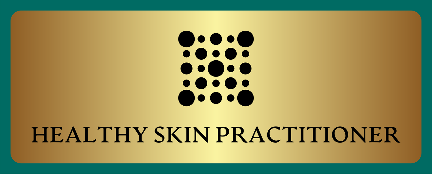 Gold and teal sign reading “HEALTHY SKIN PRACTITIONER” with a dotted circular logo