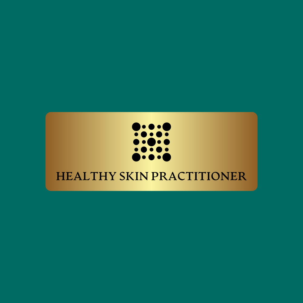 Teal background with a gold “Healthy Skin Practitioner” logo and dotted emblem