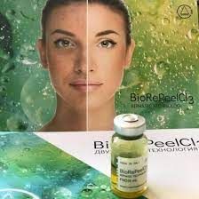 BioRePeelCl3 skincare ad with a woman's face, product vial, and green water-droplet background