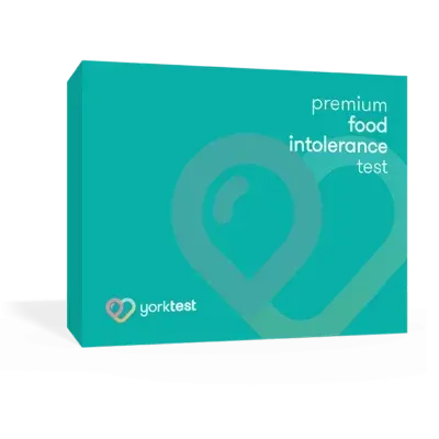 Teal box labeled “premium food intolerance test” with YorkTest logo