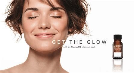 Woman with glowing skin beside skincare serum bottle and the text “GET THE GLOW”