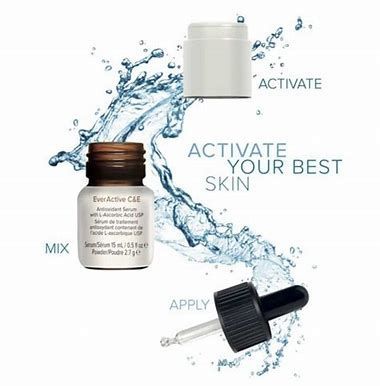 Beauty product bottle with dropper and cap, water splash, and text “Activate your best skin” with mix, activate, apply.