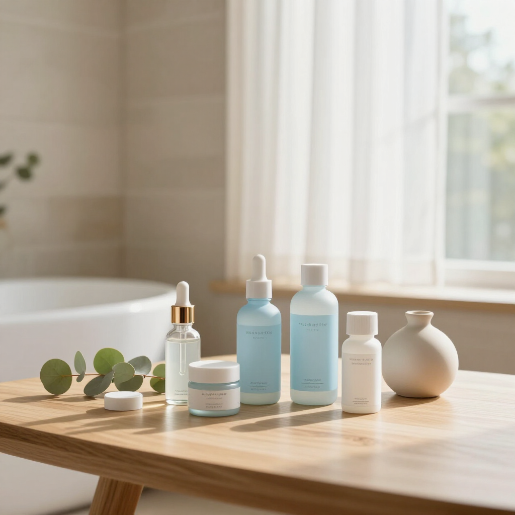 Skincare bottles and jars on a sunlit bathroom counter by a window